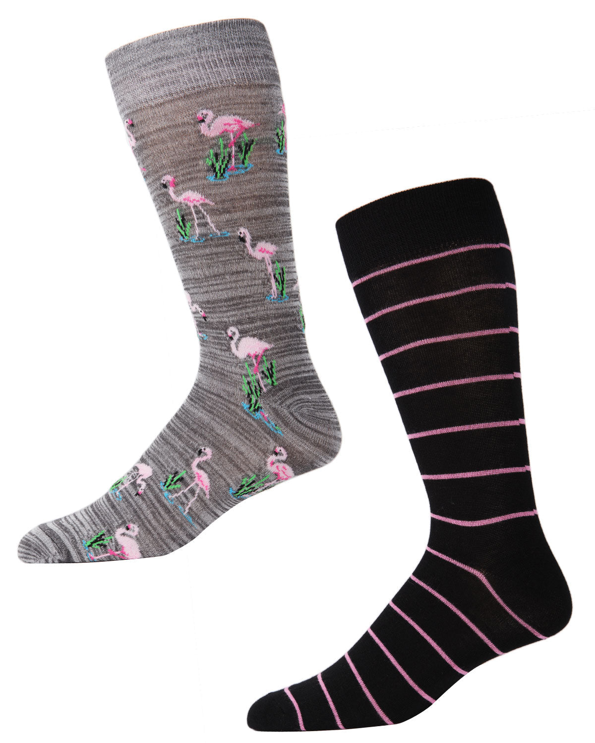 Men's 2 Pair Pack Novelty Flamingo Stripe Crew Socks