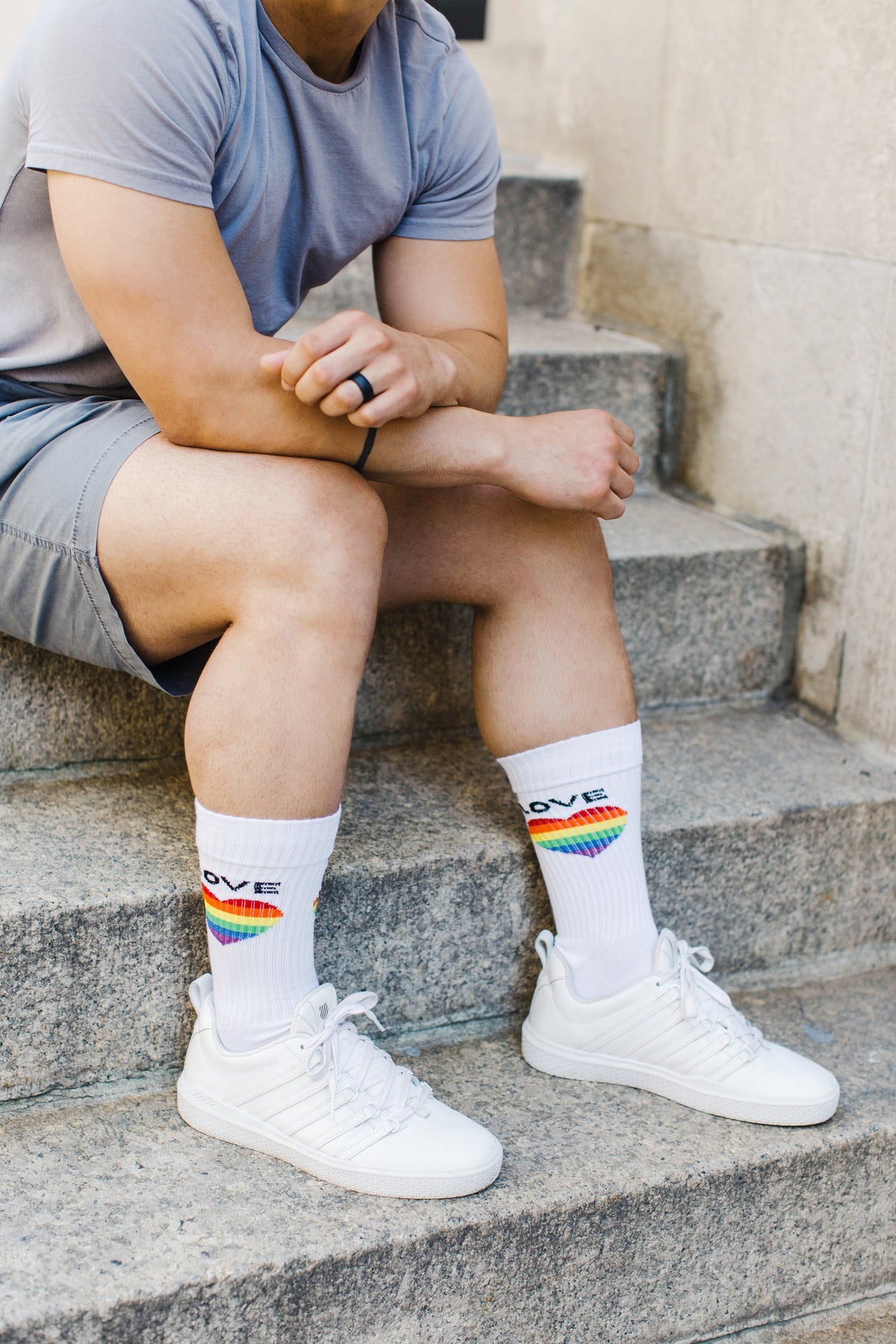 Men's Colorful Rainbow Love Heart Embroidered Crew Sock