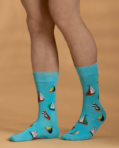Men's "Sail Away" Rayon-Blend Novelty Crew Sock