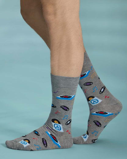 Men's "Vinyl Tunes" Rayon-Blend Novelty Crew Sock