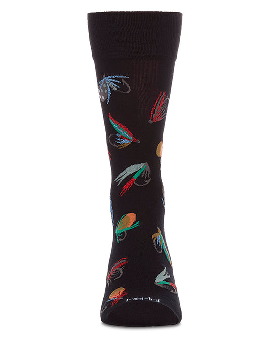 Men's Fly Fishing-Themed Rayon-Blend Fine-Gauge Novelty Crew Sock