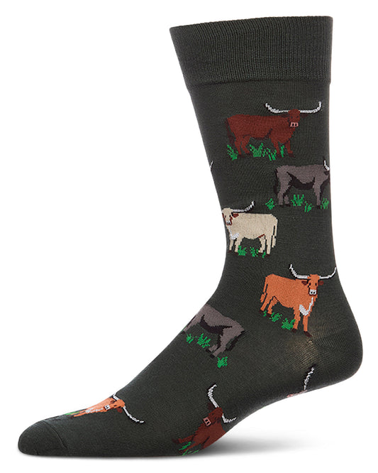 Men's Longhorn-Themed Rayon-Blend Fine-Gauge Novelty Crew Sock