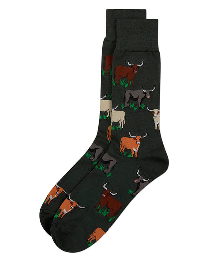 Men's Longhorn-Themed Rayon-Blend Fine-Gauge Novelty Crew Sock