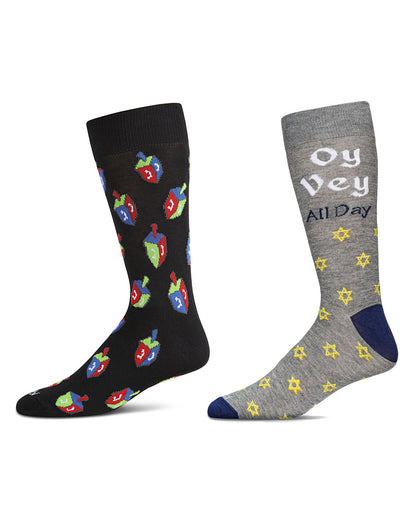 2 Pair Men's Rayon Blend Hanukkah Holiday Novelty Crew Socks