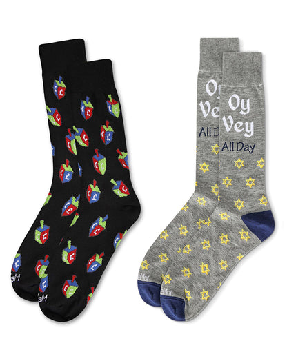 2 Pair Men's Rayon Blend Hanukkah Holiday Novelty Crew Socks