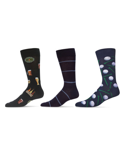 3 Pair Men's Sports-Themed Rayon-Blend Novelty Crew Socks