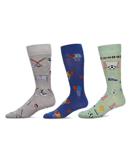 3 Pair Men's Sports-Themed Rayon-Blend Novelty Crew Socks