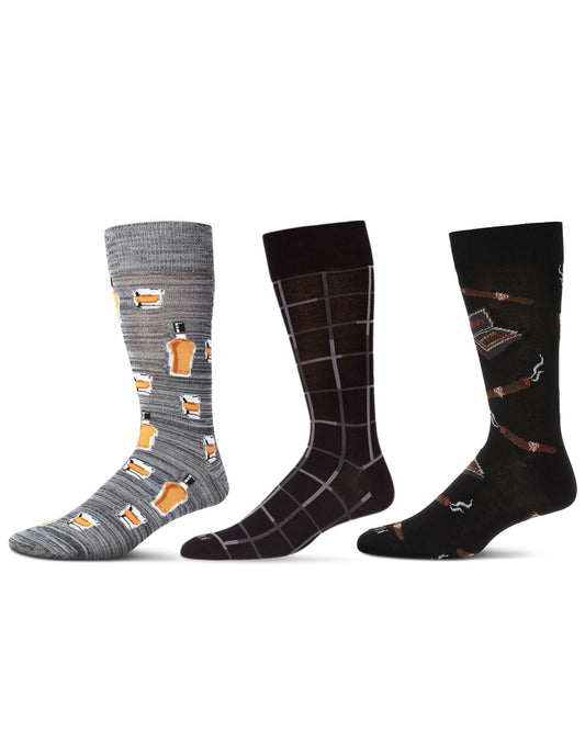 3 Pair Men's "Drinks and Cigars" Rayon-Blend Novelty Crew Socks