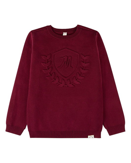 Boys 100% Cotton Knit Pullover Crewneck Sweater with Embossed 3D Crest