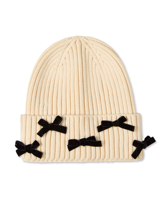 Girls Ribbed "All-Over Bows" Rayon-Blend Cuffed Beanie