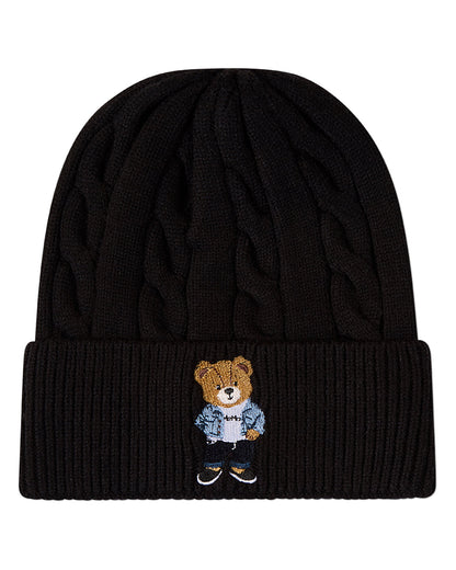 Kids "Cool Teddy" Rayon-Blend Cable-Knit Cuffed Embroidered Beanie