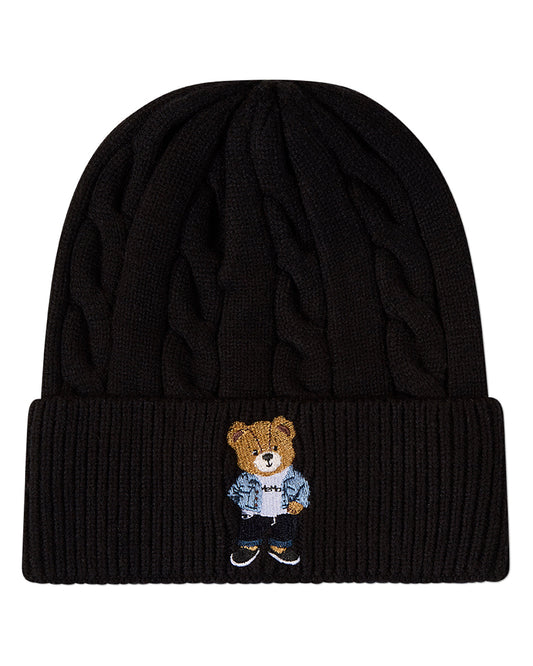 Kids "Cool Teddy" Rayon-Blend Cable-Knit Cuffed Embroidered Beanie