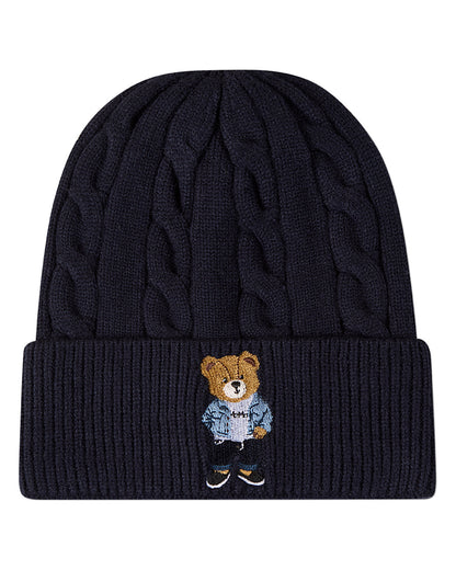 Kids "Cool Teddy" Rayon-Blend Cable-Knit Cuffed Embroidered Beanie