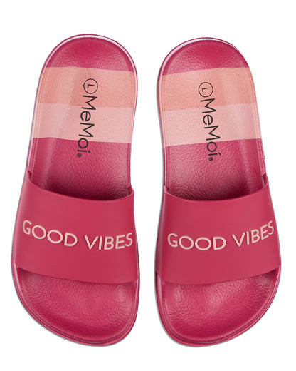 Kids Striped "Good Vibes" EVA-Cushioned Slide Sandal with 3D Graphics
