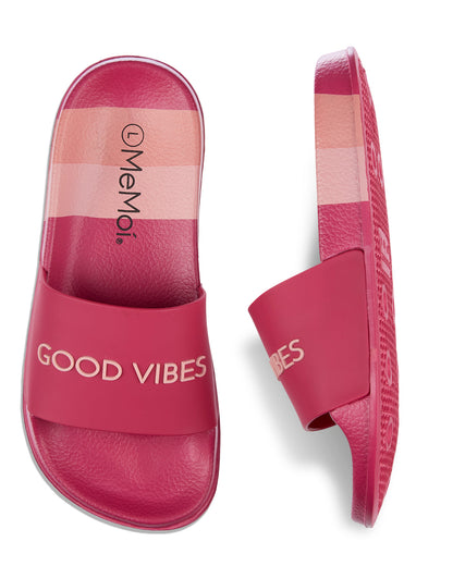 Kids Striped "Good Vibes" EVA-Cushioned Slide Sandal with 3D Graphics