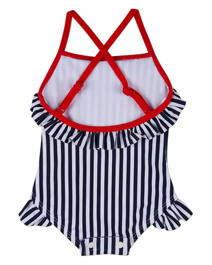 Girls Nautical Striped Ruffle-Trim Quick-Dry UPF 50 Racerback Swimsuit