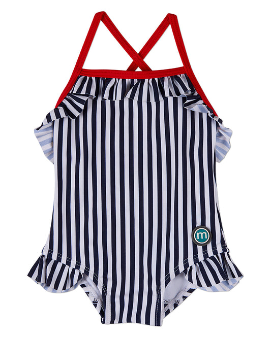 Girls Nautical Striped Ruffle-Trim Quick-Dry UPF 50 Racerback Swimsuit