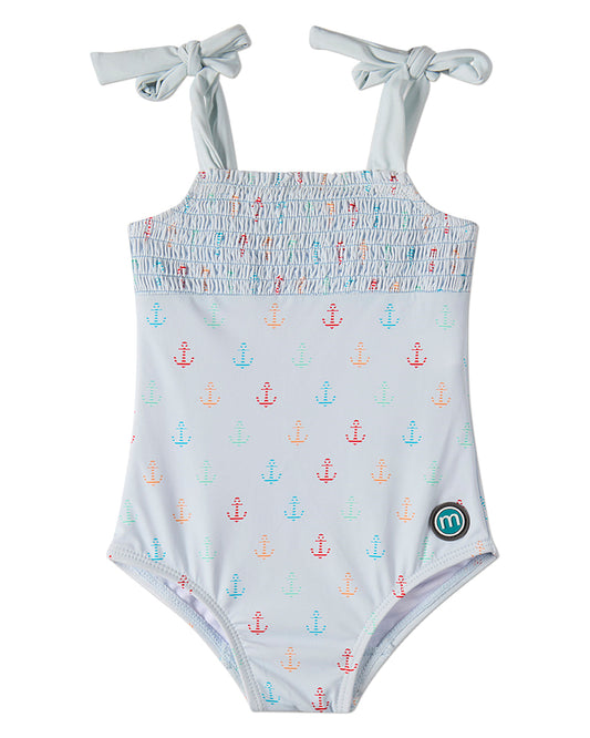 Girls "Sail and Anchor" Shirred Tie-Strap Quick-Drying UPF 50 Swimsuit