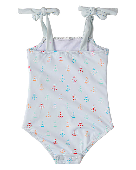 Girls "Sail and Anchor" Shirred Tie-Strap Quick-Drying UPF 50 Swimsuit