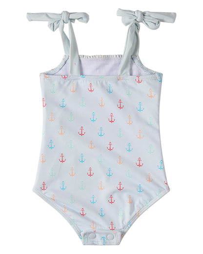 Girls "Sail and Anchor" Shirred Tie-Strap Quick-Drying UPF 50 Swimsuit